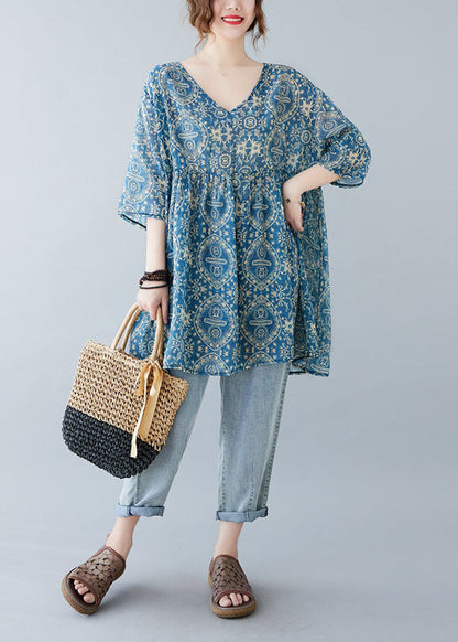Blue Oversized Print Linen Mini Dresses Summer