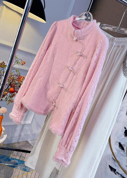 French Pink Stand Collar Button Knit Shirt Spring