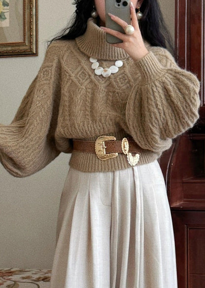 Khaki Turtleneck Thick Cable Cotton Knit Sweaters Puff Sleeve