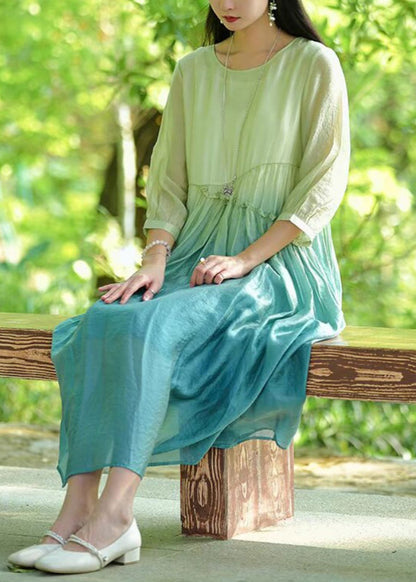 Gradient Color O-neck Ruffled Cotton Long Dresses Bracelet Sleeve Summer