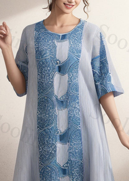 Blue Oversized Print Cotton Dress Summer