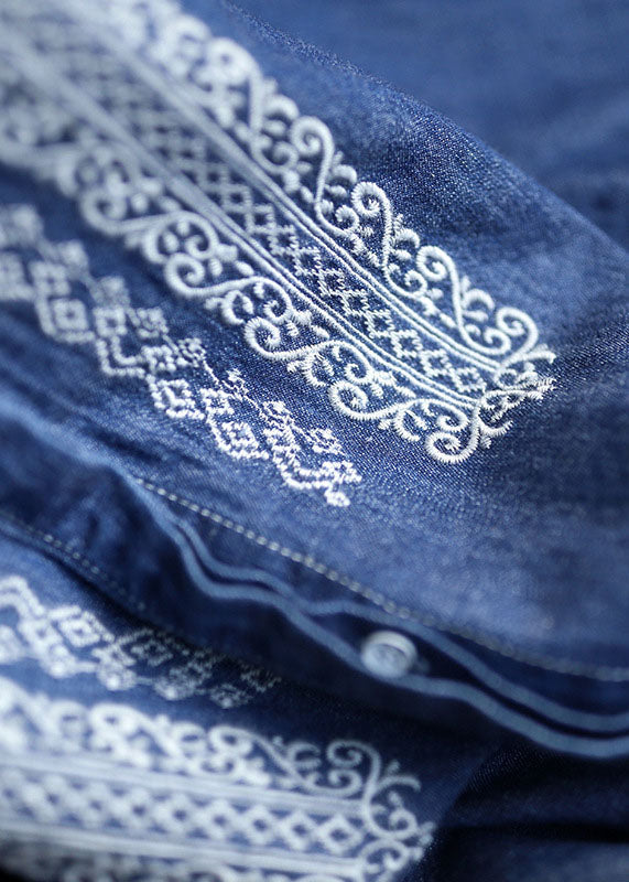 Blue Peter Pan Collar Embroideried Cotton Denim Shirt Top Long Sleeve