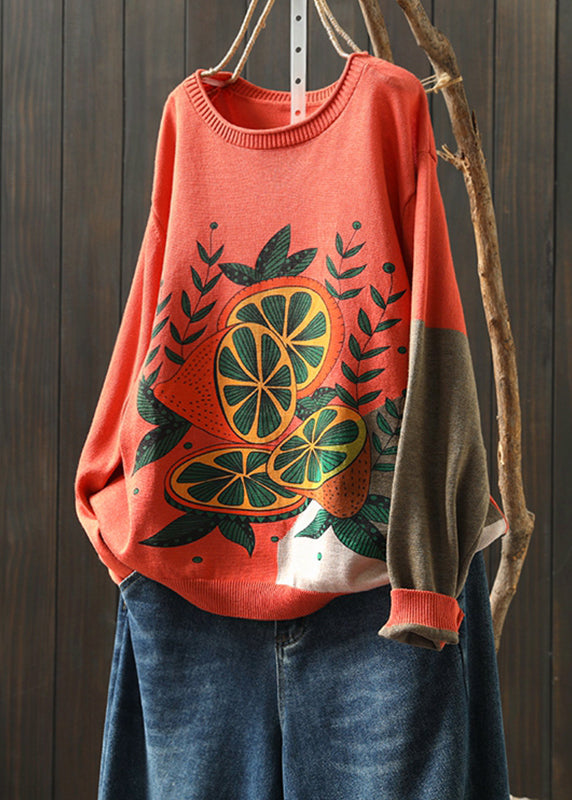 Rust O-neck Print Knitted Cotton Thread Sweaters Fall