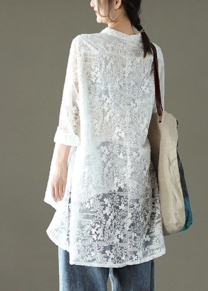 Loose White Hollow Out Lace Upf 50+ Shirts Long Sleeve