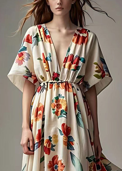 French Beige V Neck Print High Waist Cotton Dress Summer