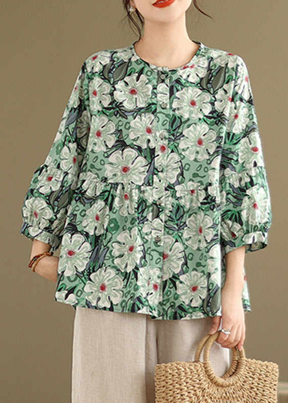 Unique Green O-neck Button Wrinkled T Shirts Bracelet Sleeve