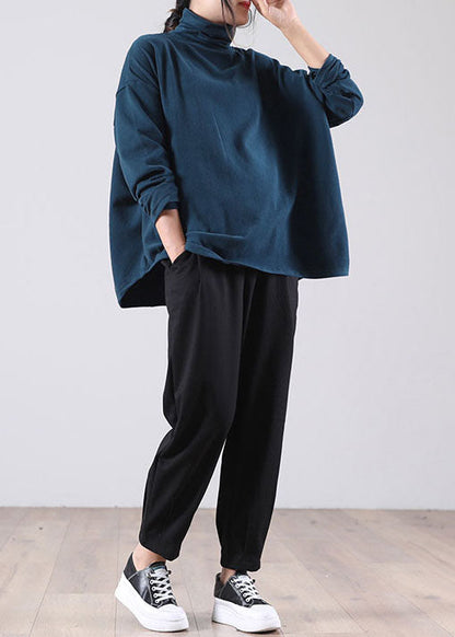 French Blue Turtle Neck Cotton Pullover Street Wear Spring