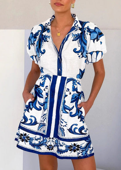 Red Stand Collar Print Shirts and Skirts Two Pieces Set Summer