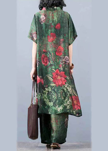 French Green Stand Collar Print Silk Dress and Wide Leg Pants Two Pieces Set Summer