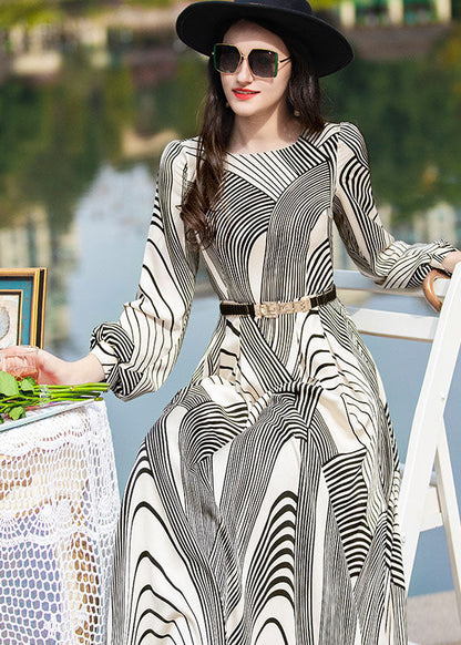 Stylish White O-neck Striped Exra Large Hem Chiffon Cinch Dress Spring