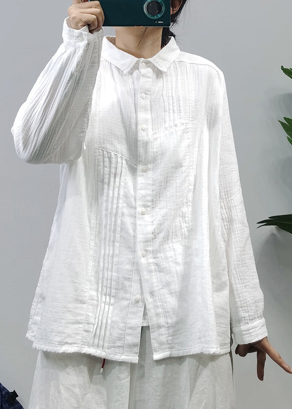 Classy Green Button Peter Pan Collar Wrinkled Cotton Shirts Long Sleeve
