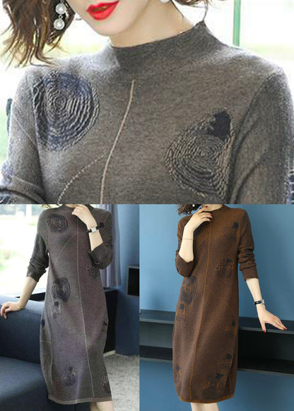 Grey Turtleneck Patchwork Cotton Knit Dress Fall