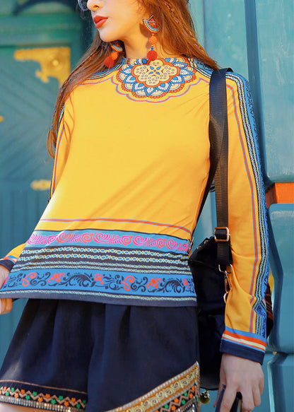 Yellow O-neck Print Patchwork Top Long Sleeve