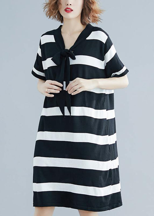 French Black White Wide Striped Cotton Bow Summer Dress