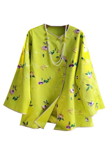 New Yellow Print Button Silk Top Long Sleeve
