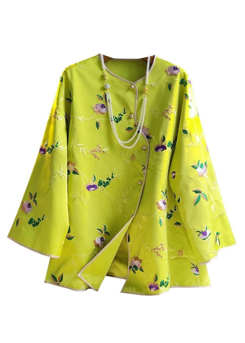New Yellow Print Button Silk Top Long Sleeve