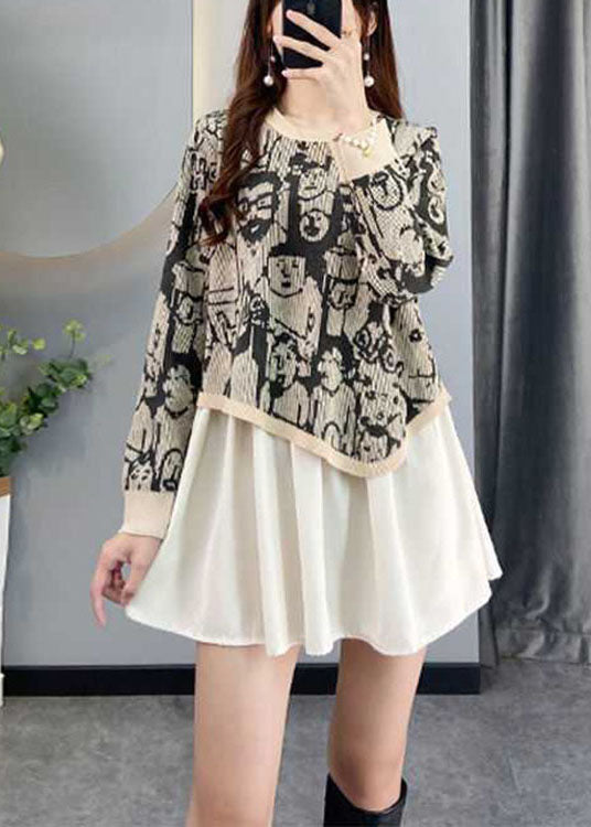 Chocolate Asymmetrical Design Patchwork Print Fall Knit Sweaters