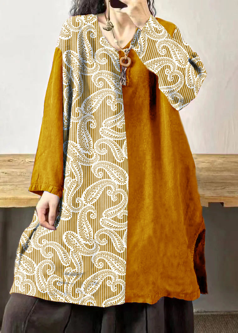 Yellow Stripes V Neck Embroidered Patchwork Linen Mid Dresses Fall