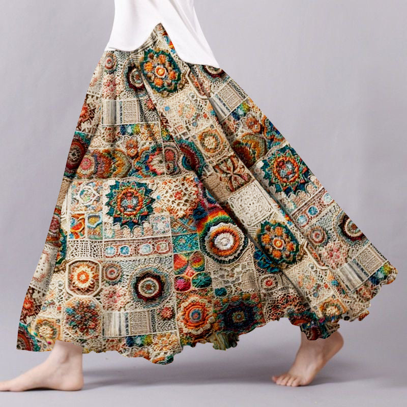 Women's Vintage Crochet Flowers Art Linen Flowy Wide Skirt artswardrobe