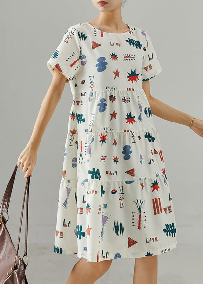 Stylish White O-neck Print Mid Dress Summer
