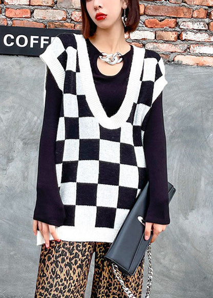 White Plaid V Neck Fall Knit Vest