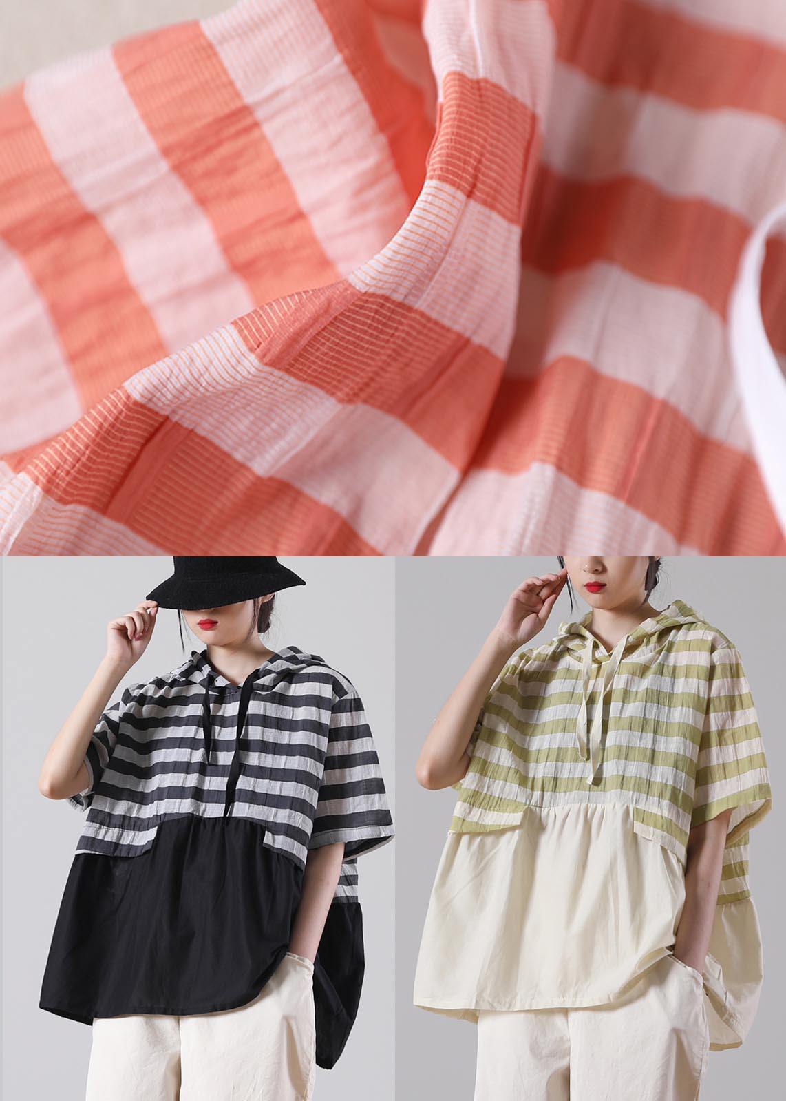 Handmade Yellow Striped Hooded Cotton Linen Summer Shirts