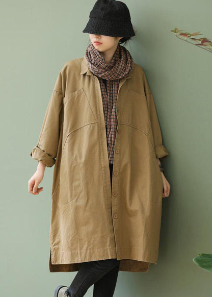 Style Khaki Peterpan Collar Pockets Button Low High Design Fall Long Sleeve Trench Coat