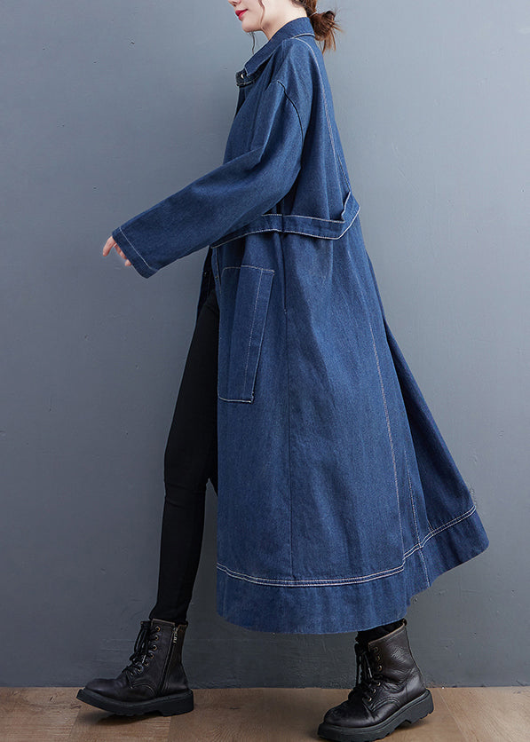 Blue Patchwork Denim Long Trench Coat Peter Pan Collar Long Sleeve Fall