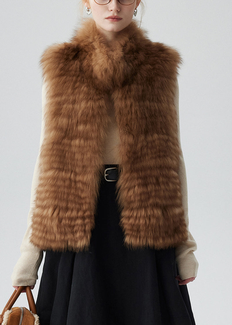 Stylish Brown Stand Collar Pockets Leather and Fur Waistcoat Sleeveless