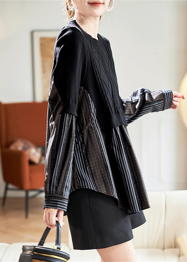 Black O-neck Fake Two Pieces Cotton Knit Patchwork Top Spring