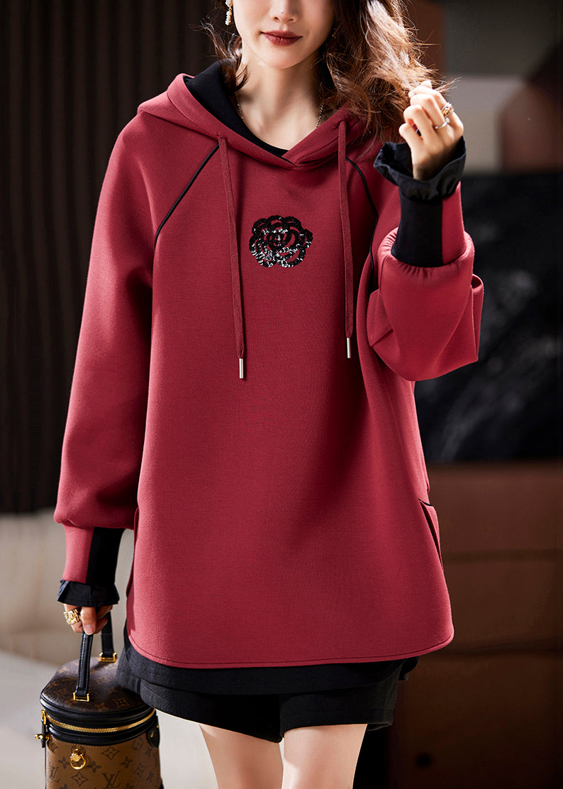 Wine Red Hooded Sequins Patchwork Cotton Sweatshirt Spring