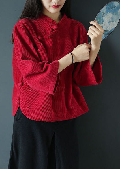Red Stand Collar Button Corduroy Blouse Top Spring