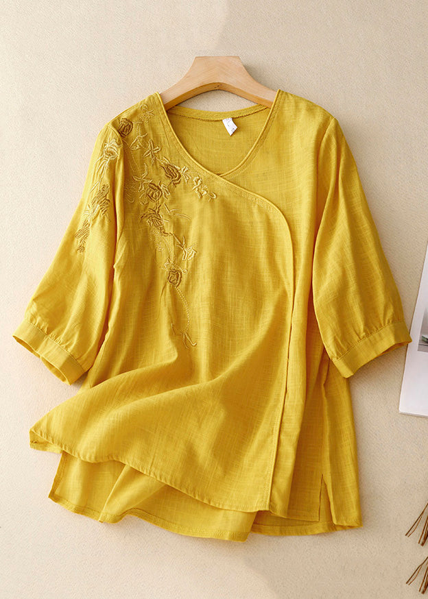 Stylish Yellow V Neck Embroideried Linen Blouses Bracelet Sleeve