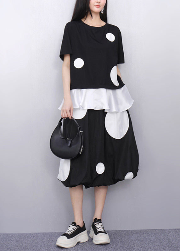 Black O-neck Dot Top and Skirts Two Pieces Set Short Sleeve