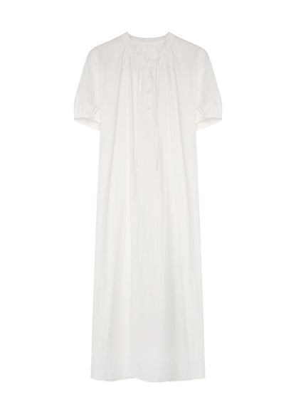 Handmade White O-neck Cinched Loose Cotton Long Dresses Summer