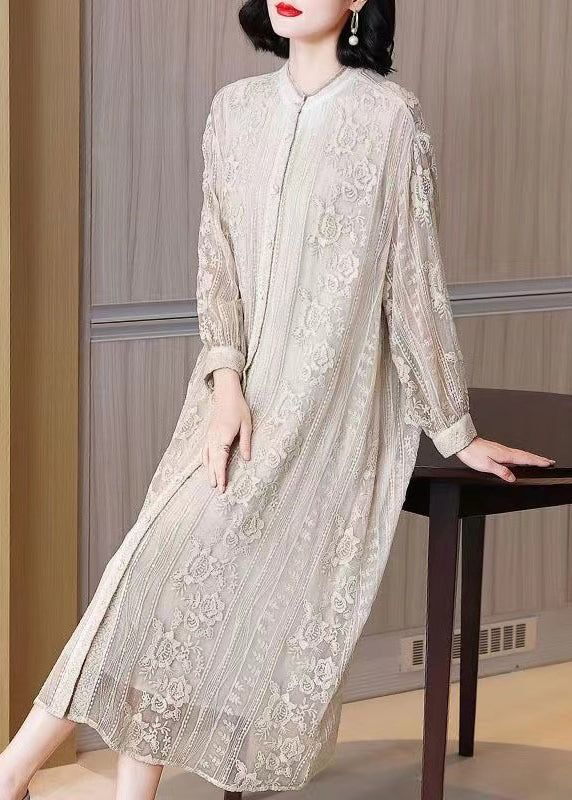 Beige Embroidered Button Silk Long Dresses Long Sleeve Spring