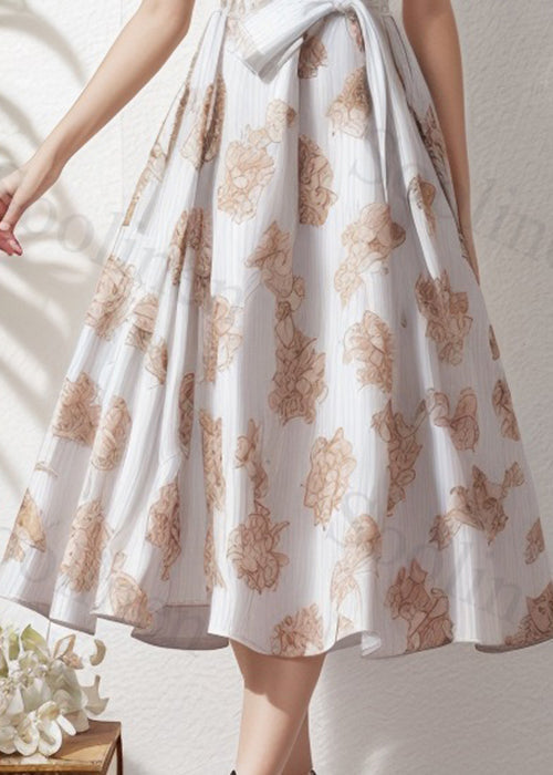 White Ruffled Print Tie Waist Silk Dress Summer