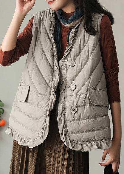 Grey V Neck Pockets Duck Down Waistcoat Winter