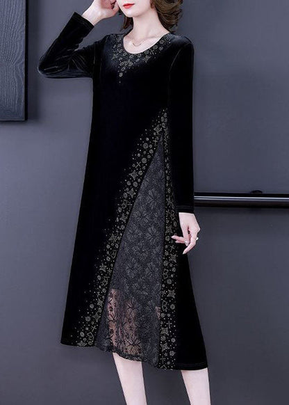 Style Black O-neck Lace Patchwork Hollow Out Silk Velour Dress Spring