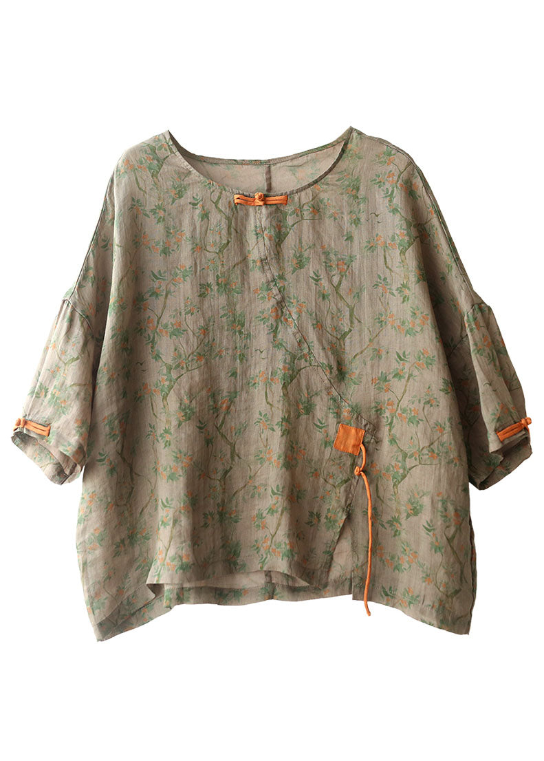 Grey Green O-neck Print Oriental Button Side Open Linen Shirt Top Short Sleeve