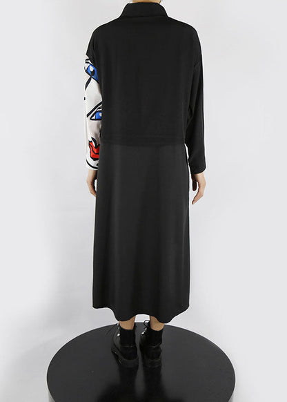 Black Peter Pan Collar Button Print Shirt Dress Spring