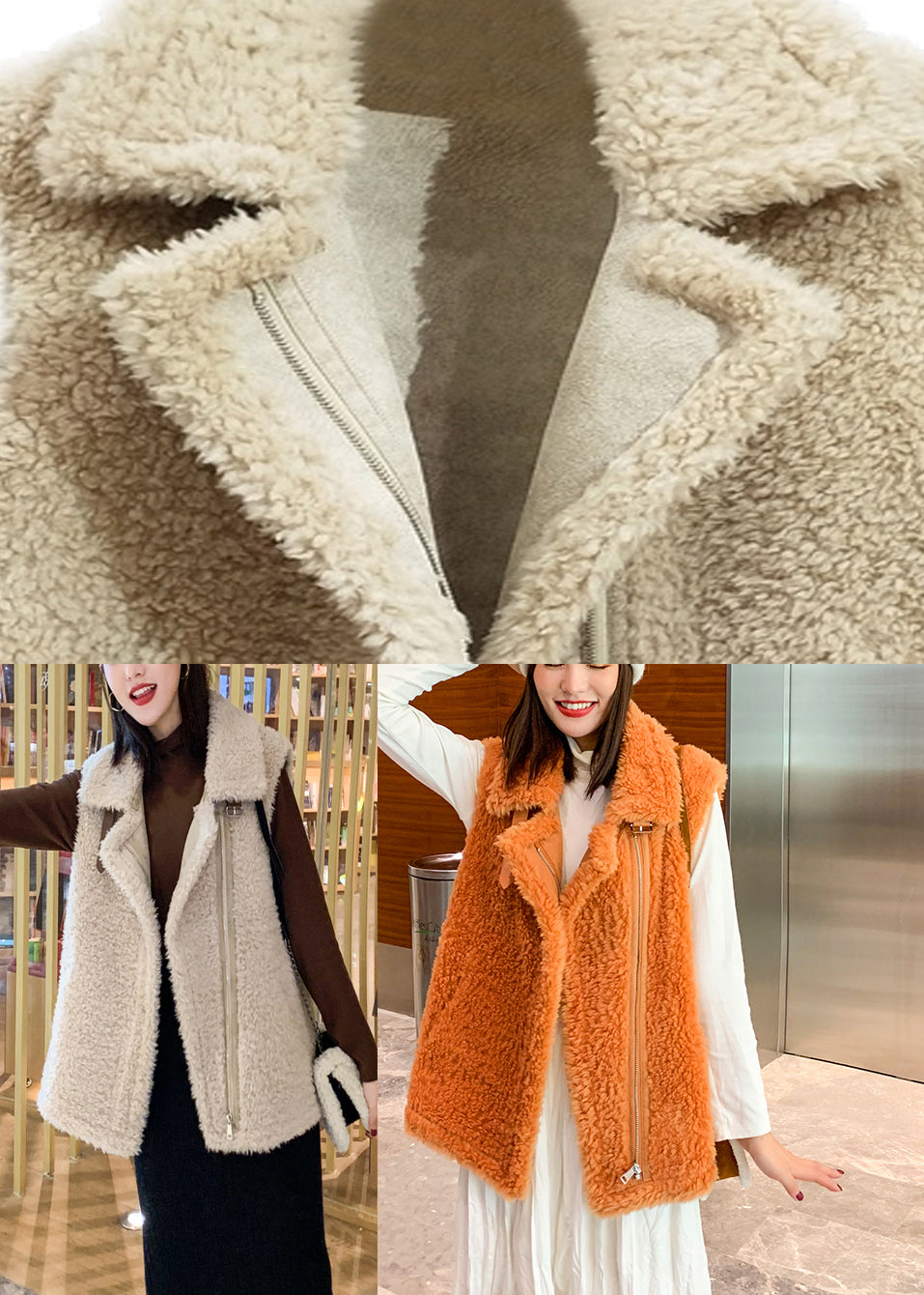 Italian Orange Peter Pan Collar Zippered Faux Fur Waistcoat Fall