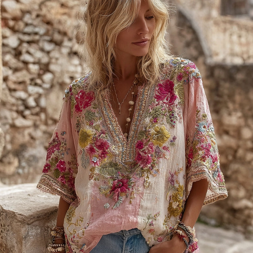 Women's Flower Embroidered Art Linen Blend V-neck Shirt artswardrobe