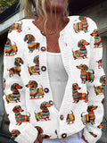 Comstylish Colorful Dachshund Pattern Crew Neck Cozy Cardigan