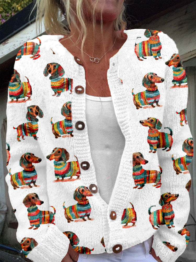 Comstylish Colorful Dachshund Pattern Crew Neck Cozy Cardigan