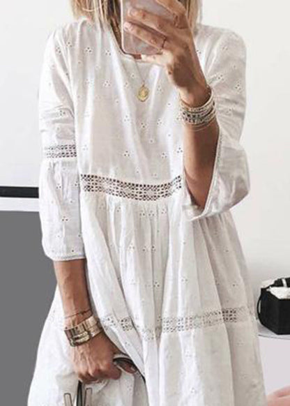 Yellow O-neck Hollow Out Cotton Long Dresses Bracelet Sleeve Summer
