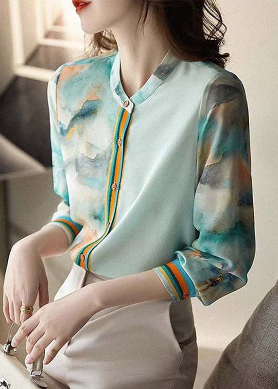 Blue Print Button Silk Blouses Spring