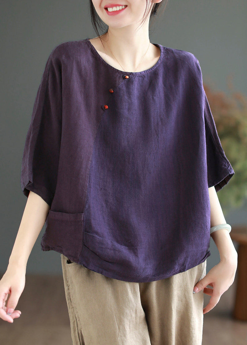 Brief Green O-neck Patchwork Button T Shirt Half Sleeve
