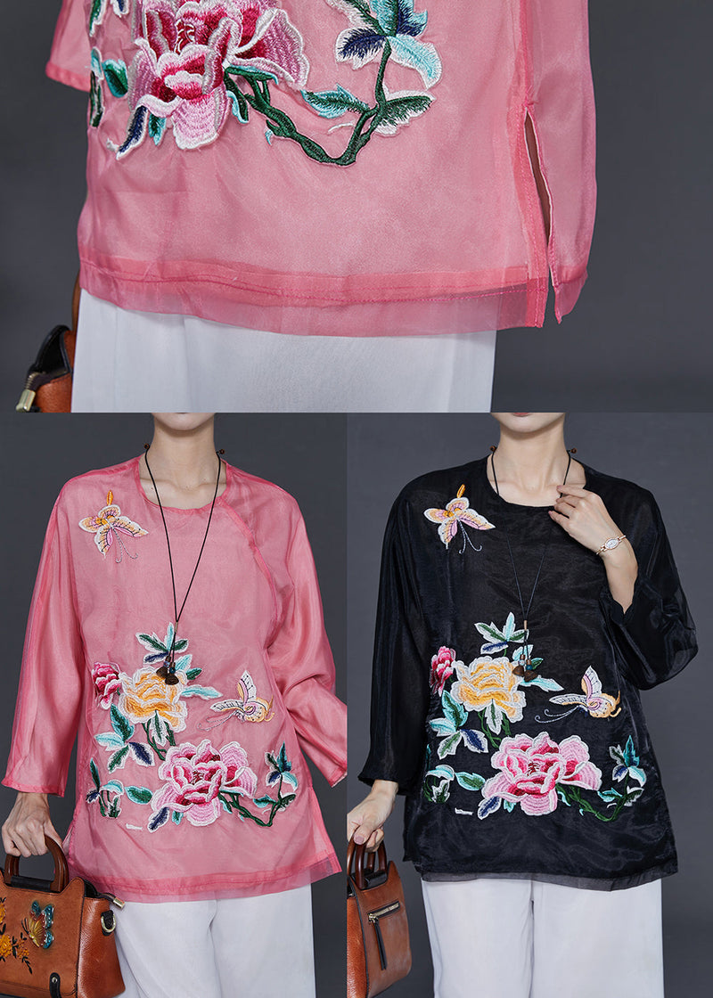 Black Organza Shirt Tops Embroidered Butterfly Summer