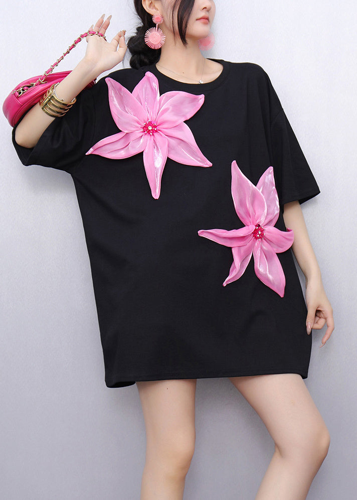 Black Oversized Decorated Cotton Tops Summer